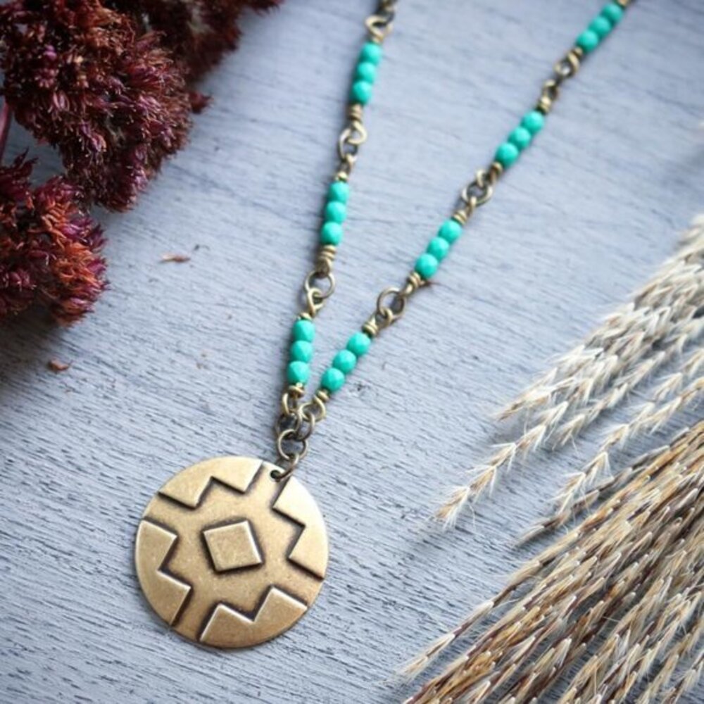 Beaded Geometric Charm Necklace with Brass Chain Handmade
